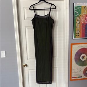 Newport News 90s/Y2K Black Spaghetti Strap Maxi Dress w/Neon Green Lining